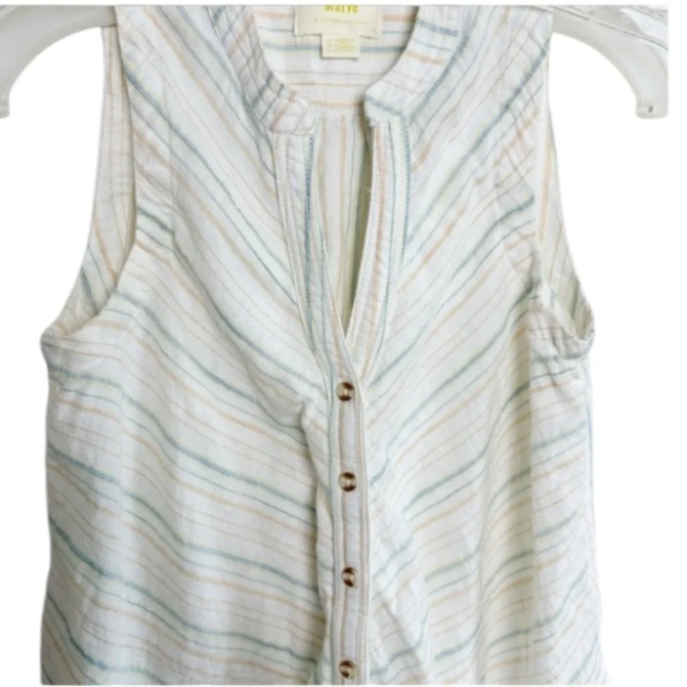 Anthropologie Maeve Blue Stripe Button/Tie Front Sleeveless Top Sz 0/XS Beachy